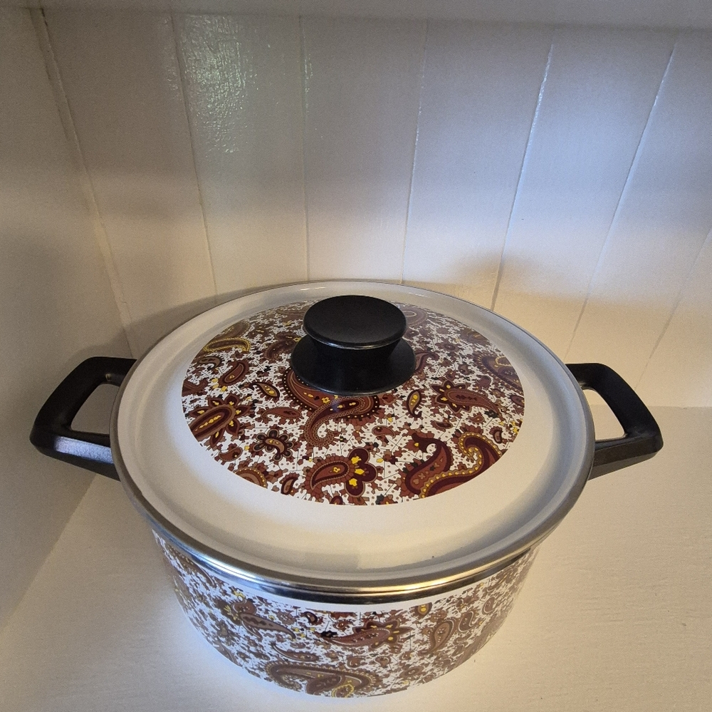 Vintage 1970’s Paisley Patterned Fancipans Enamelware Lidded Cooking Pot - Picture 2 of 11